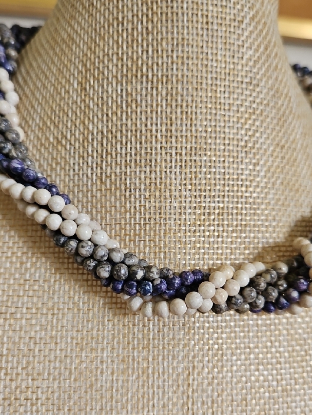 Multistrand Twisted Stone Bead Necklace in Ivory, Gray and Navy - Picture 3 of 5